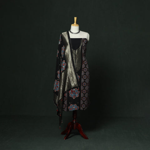 Kutch hand block ajrakh print natural dyed dola silk zari