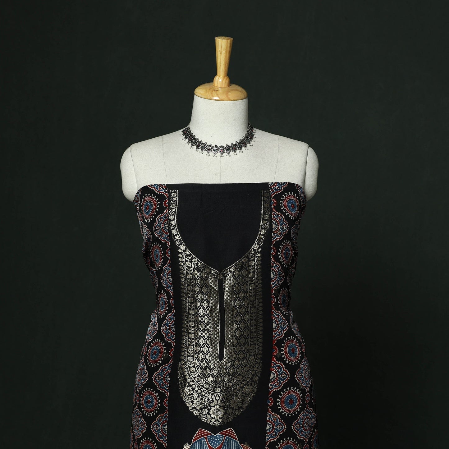 Kutch hand block ajrakh print natural dyed dola silk zari