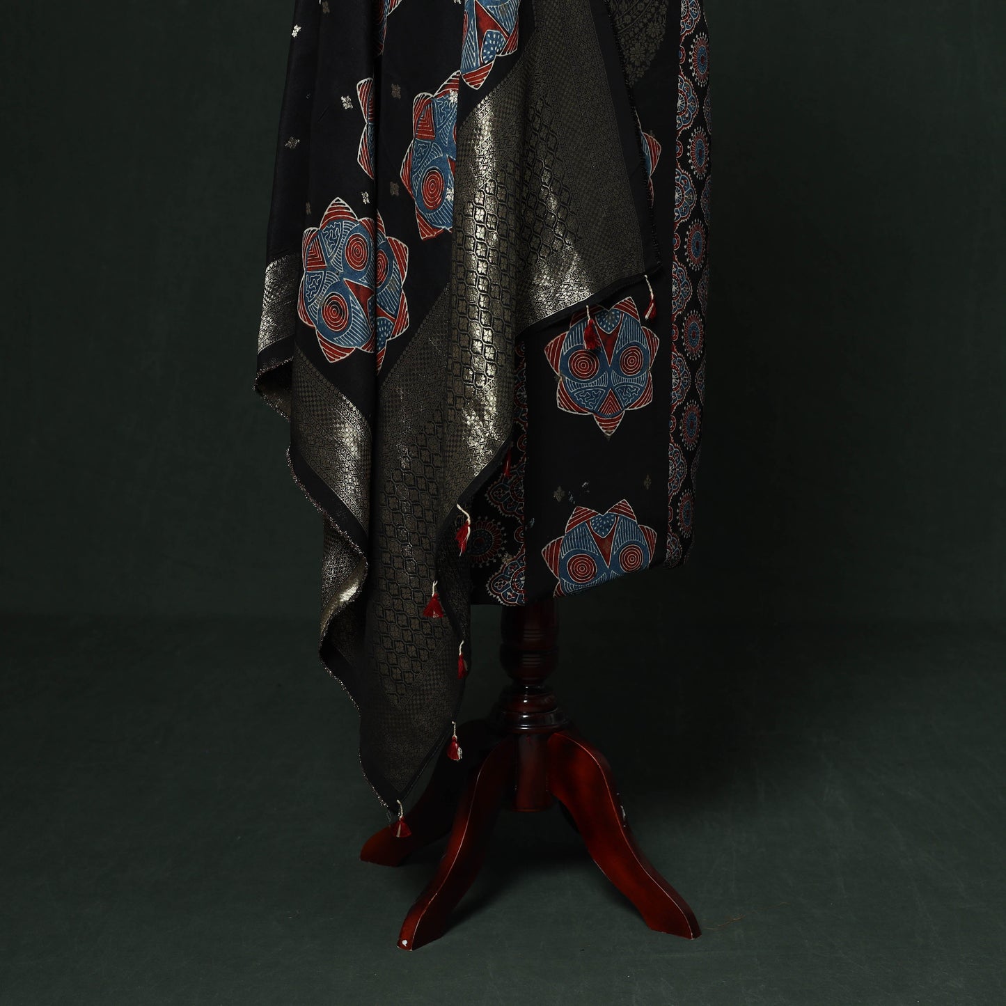 Kutch hand block ajrakh print natural dyed dola silk zari