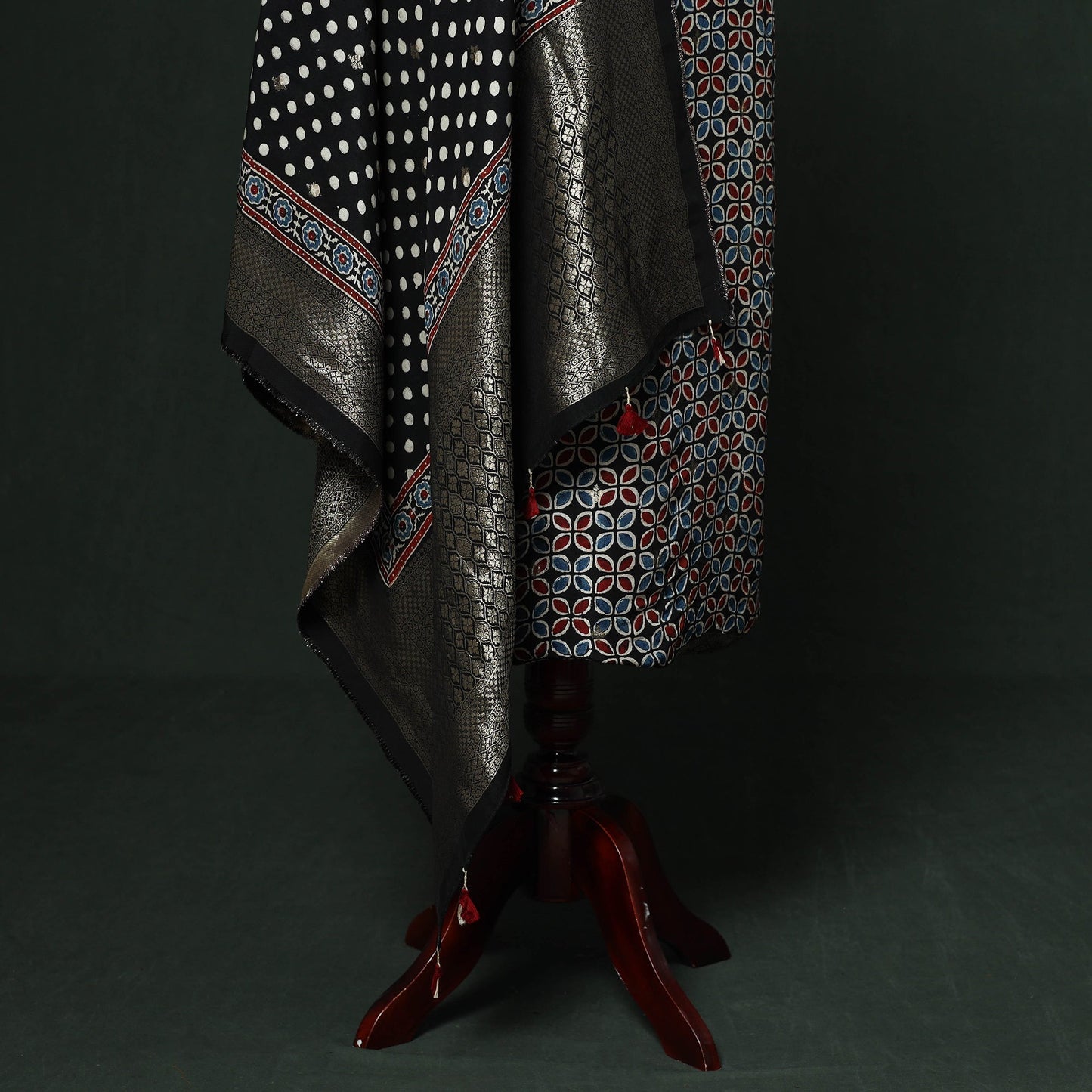 Kutch hand block ajrakh print natural dyed dola silk zari
