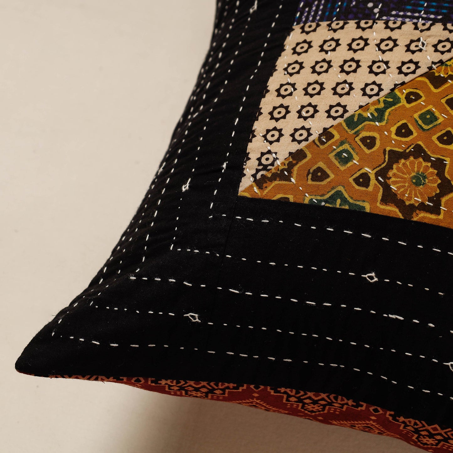 Black Kutch Embroidered Ajrakh Cotton Cushion Cover