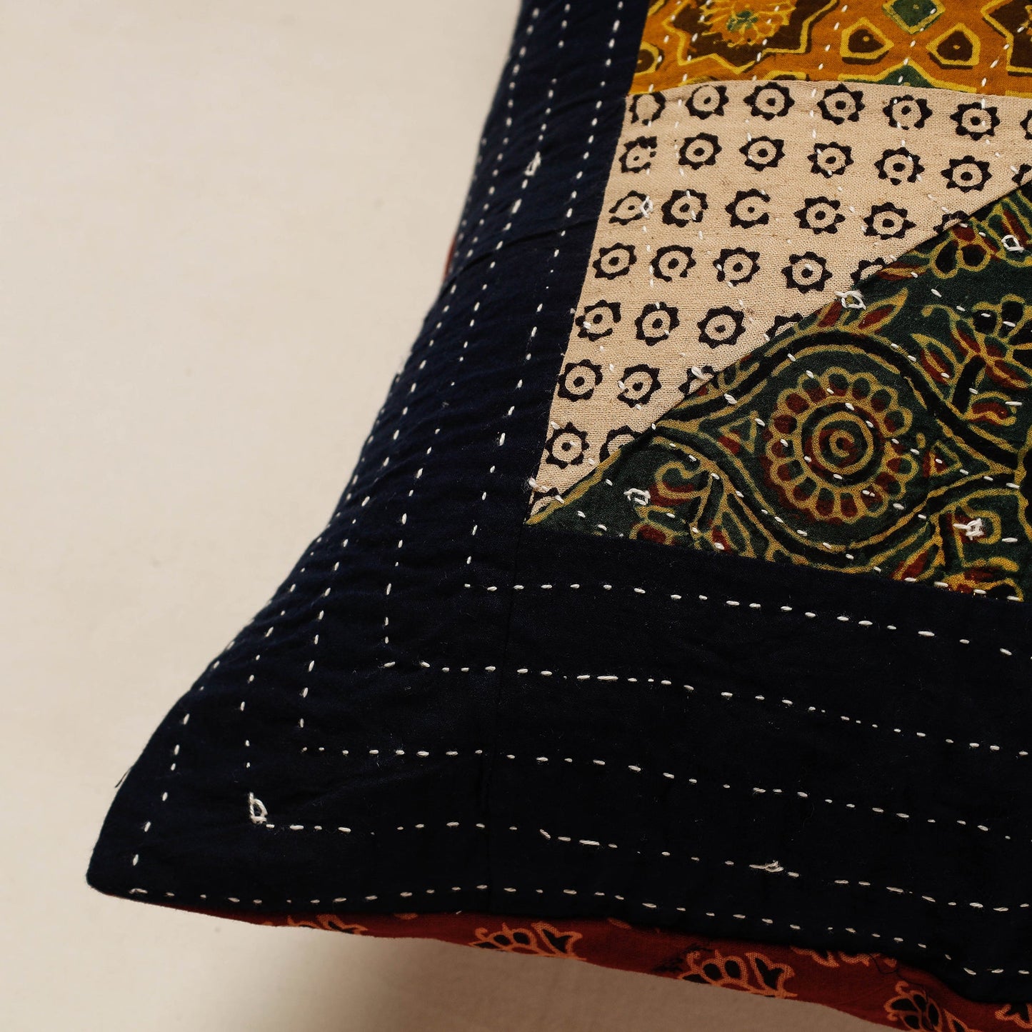 Black Kutch Embroidered Ajrakh Cotton Cushion Cover