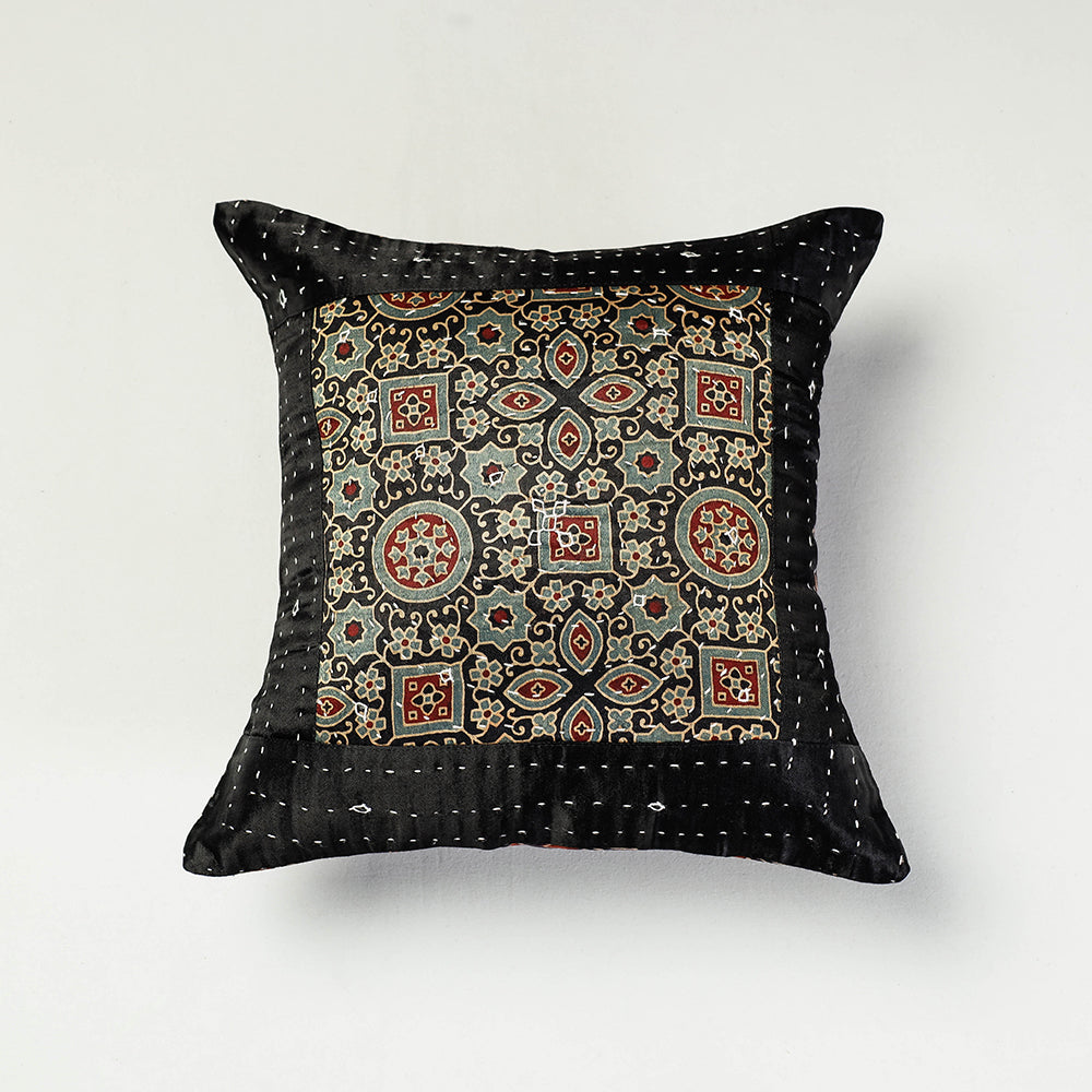  Kutch Embroidered Ajrakh Mashru Silk Cushion Cover (12 x 12 in) 