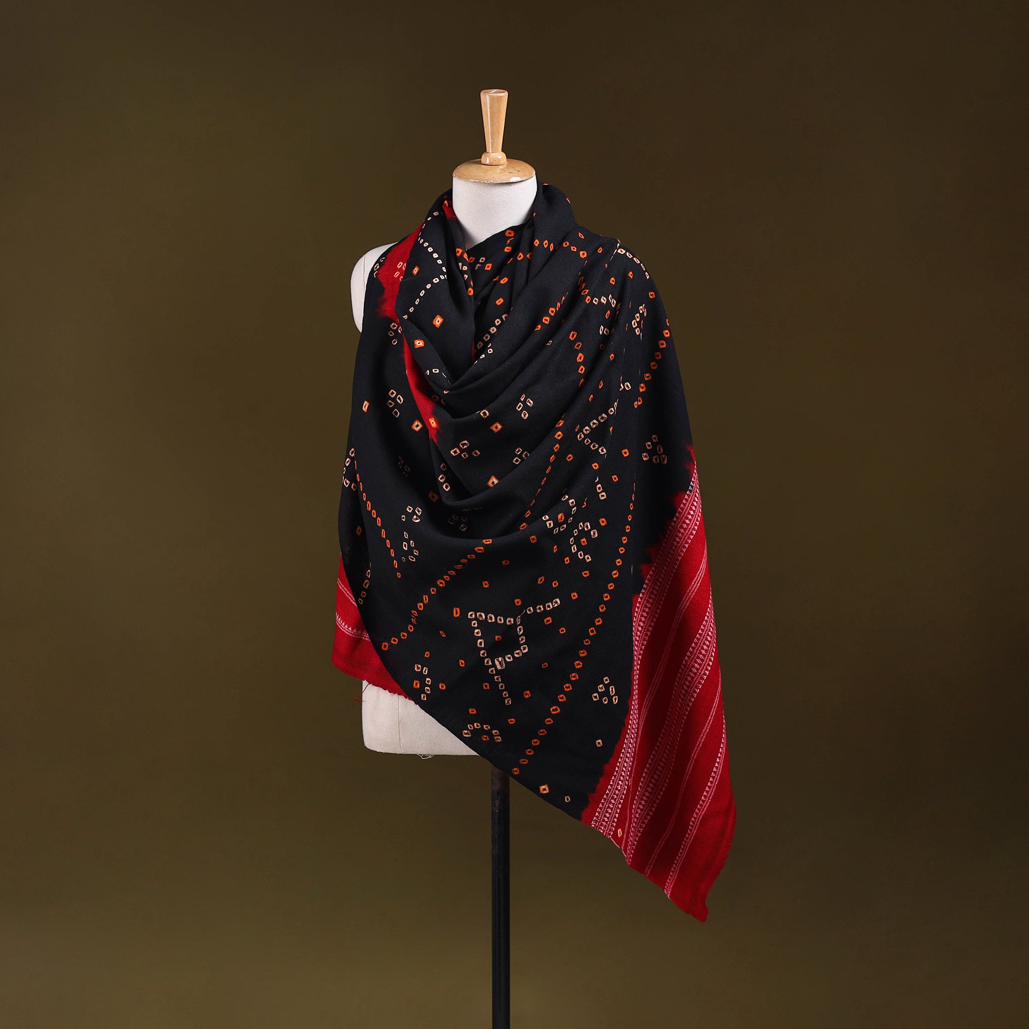 Bhidane Wool Black Kutch Handwoven Merino Wool Tie-Dye Bandhani Shawl