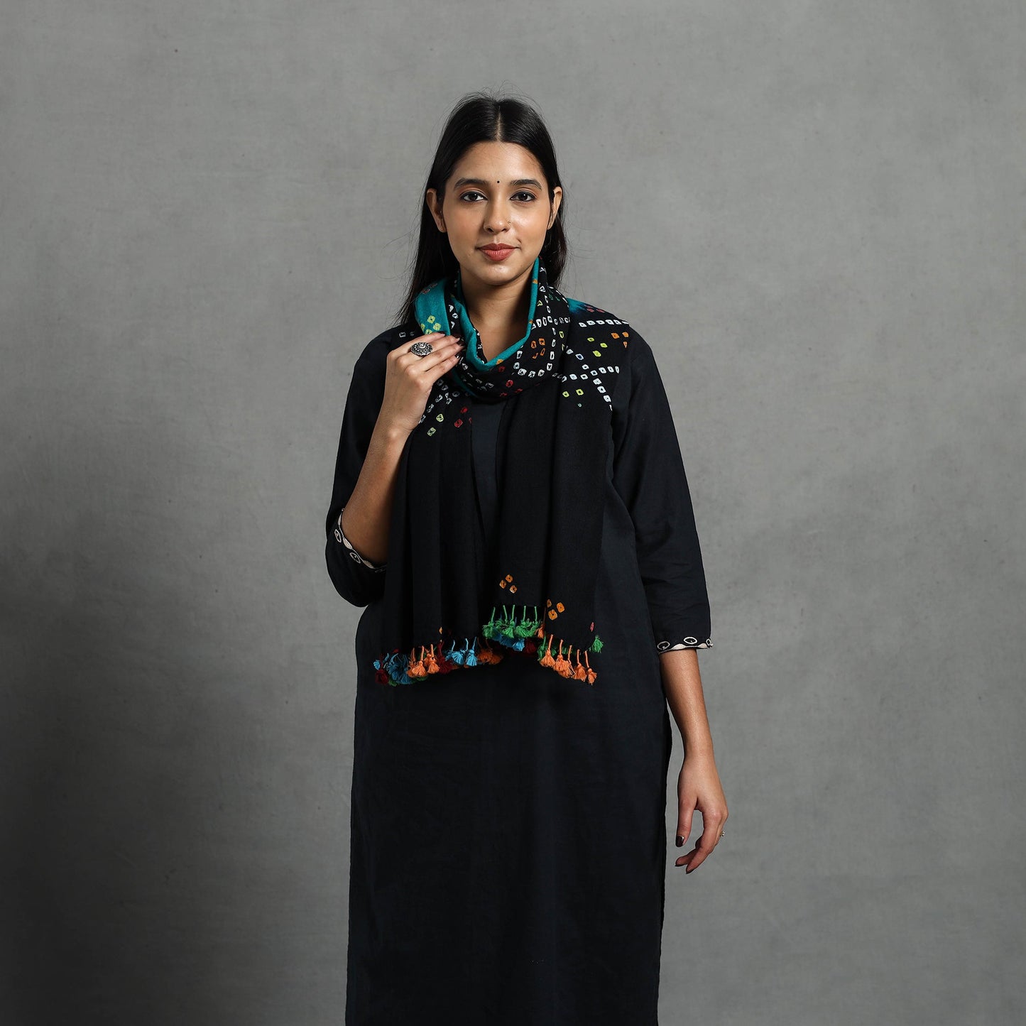  Black Kutch Handwoven Merino Wool Bandhani Stole 