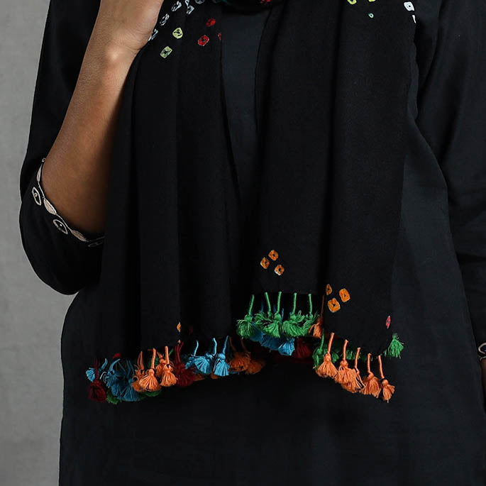  Black Kutch Handwoven Merino Wool Bandhani Stole 