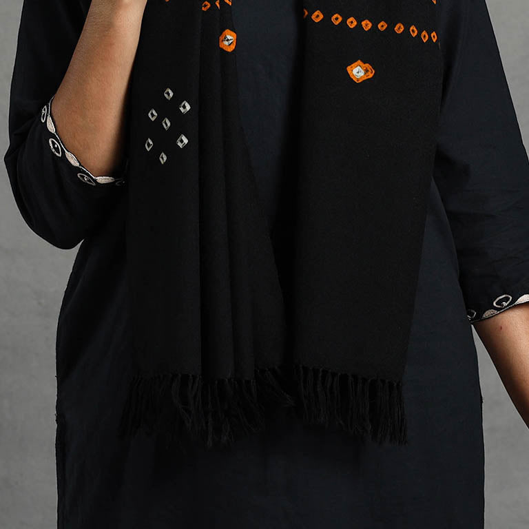  Black Kutch Handwoven Merino Wool Bandhani Stole 