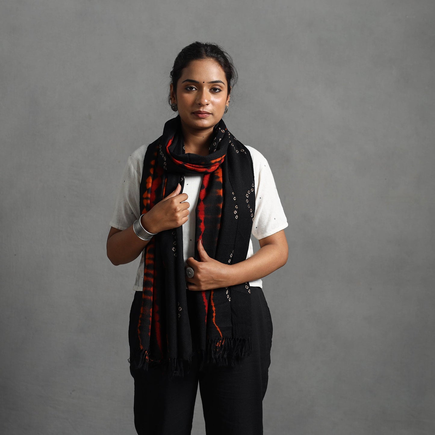 Black - kutch handwoven woolen shibori & bandhani stole 31