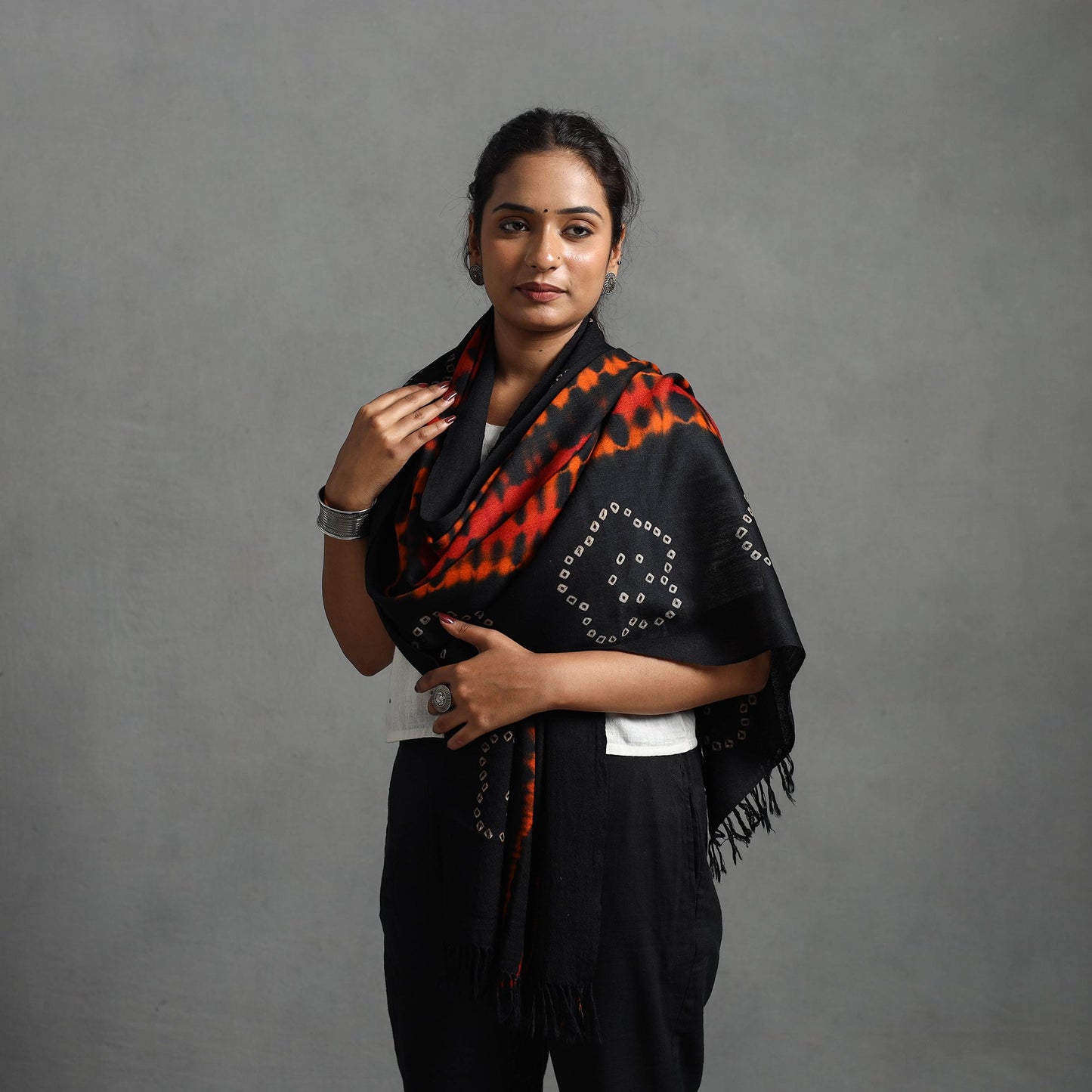 Black - kutch handwoven woolen shibori & bandhani stole 31