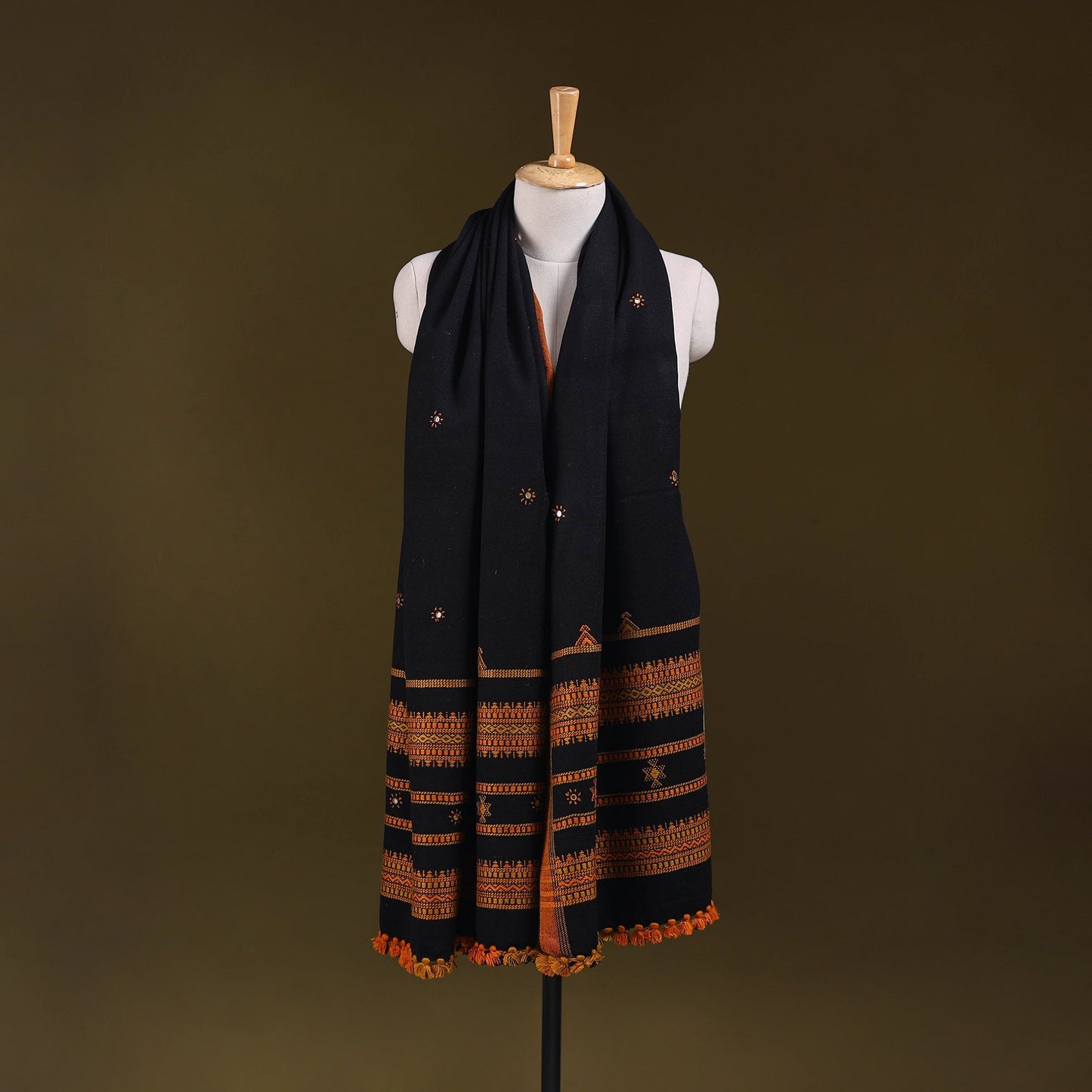 Black - kutch bhujodi handwoven mirror work acrylic wool