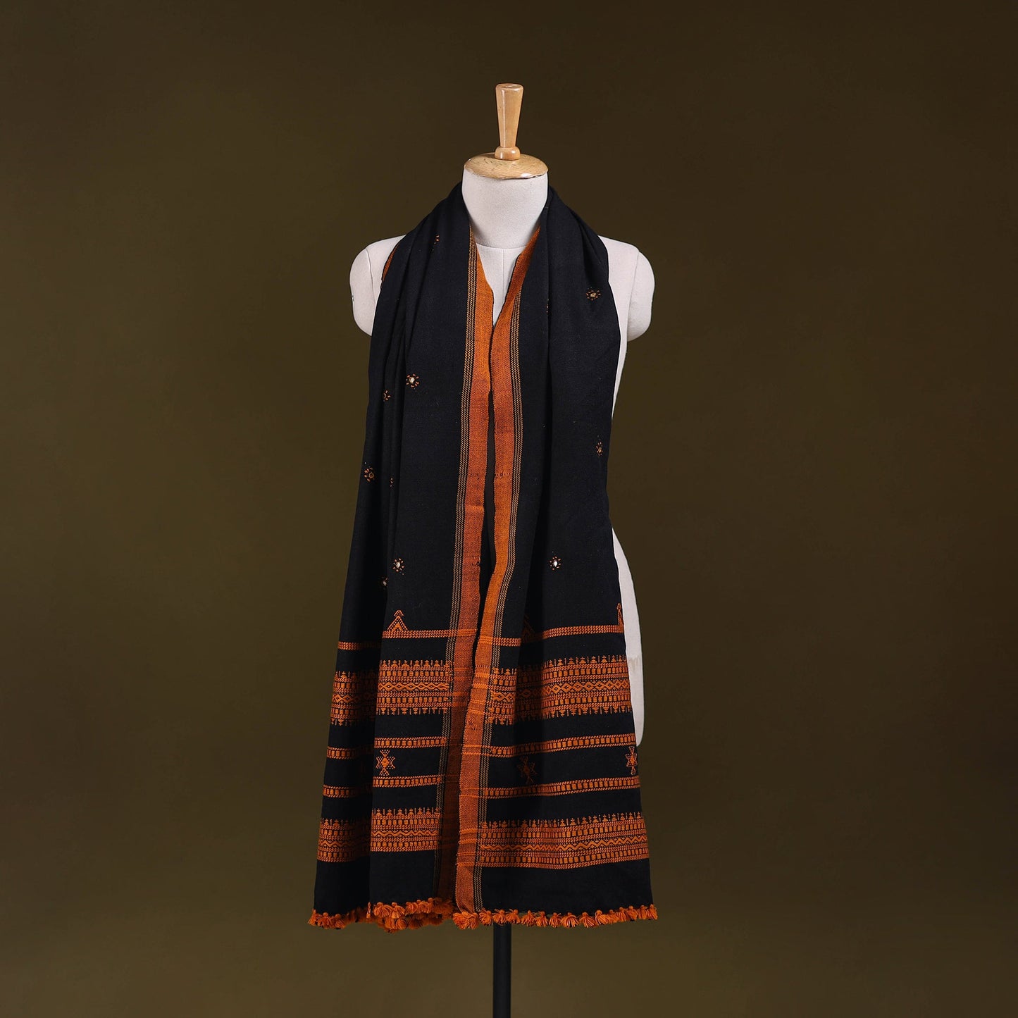 Black - kutch handwoven mirror work acrylic wool shawl 171