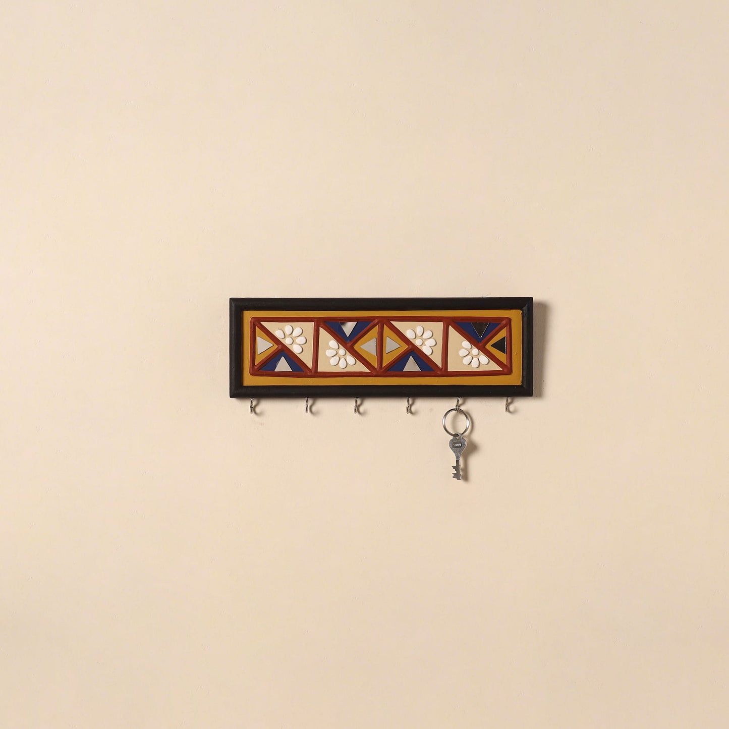 Kutch mud mirror work lippan art key holder (4 x 12 in) 07
