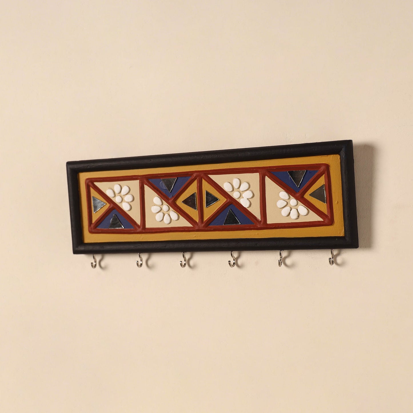 Kutch mud mirror work lippan art key holder (4 x 12 in) 07