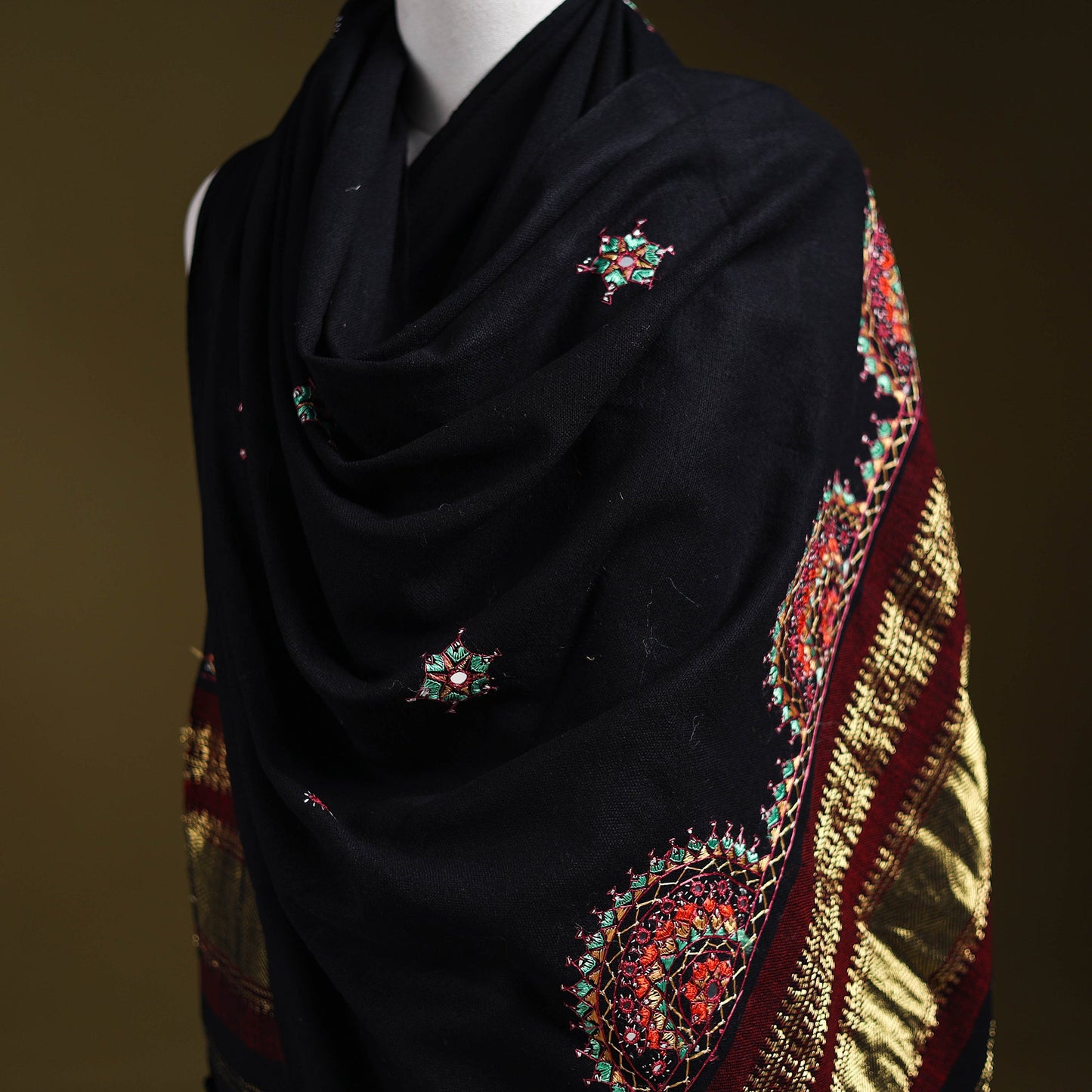 Black - kutch neran hand embroidery mirror work woollen