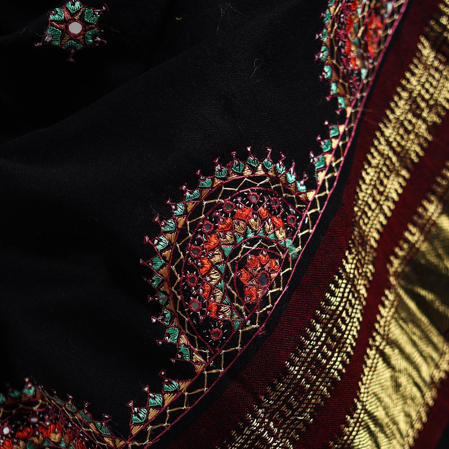 Black - kutch neran hand embroidery mirror work woollen
