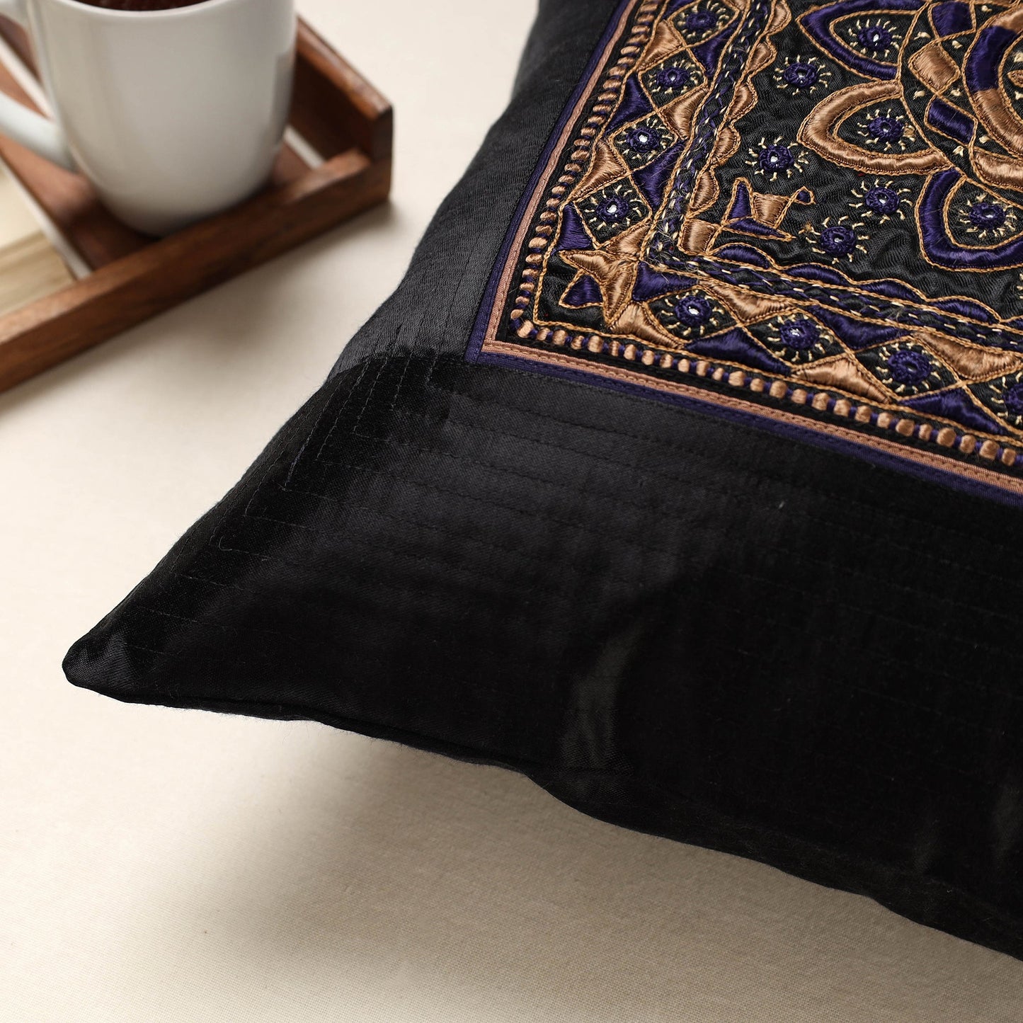 Black Kutch Pakko Bherni Hand Embroidery Mashru Silk Cushion Cover