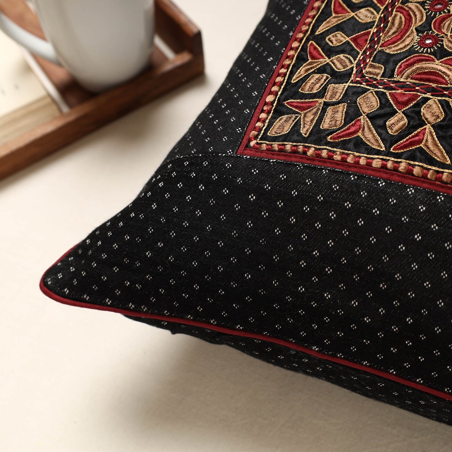 Black Kutch Pakko Bherni Hand Embroidery Mashru Silk Cushion Cover