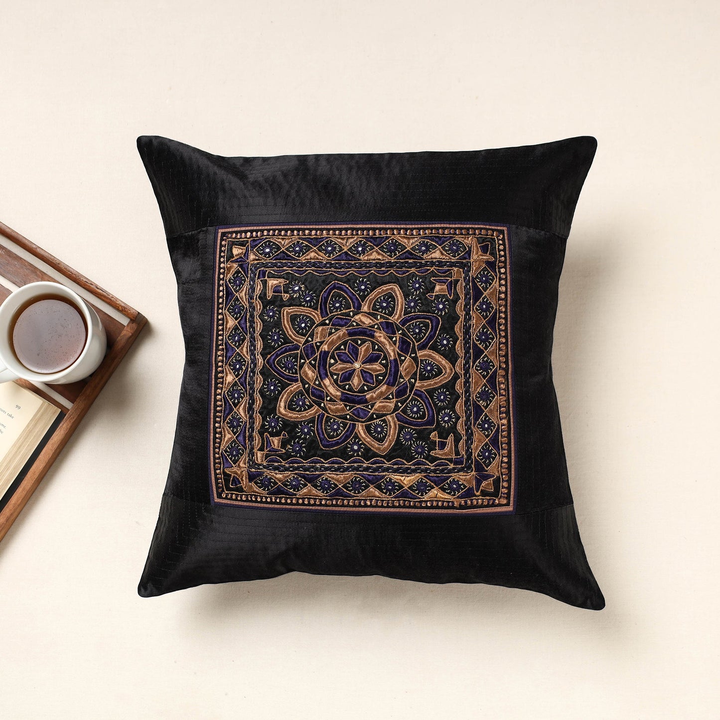 Black Kutch Pakko Bherni Hand Embroidery Mashru Silk Cushion Cover