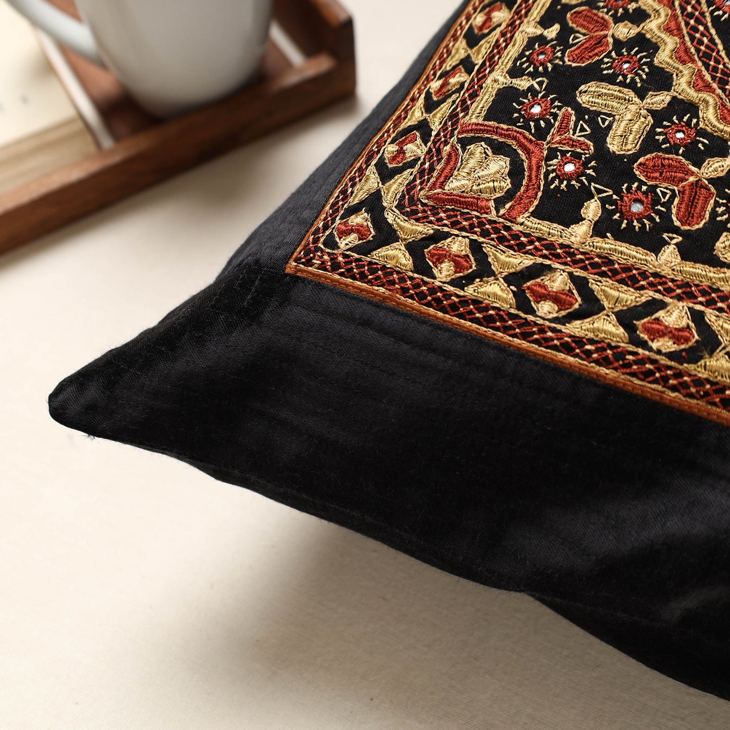 Black Kutch Pakko Hand Embroidery Mashru Silk Cushion Cover