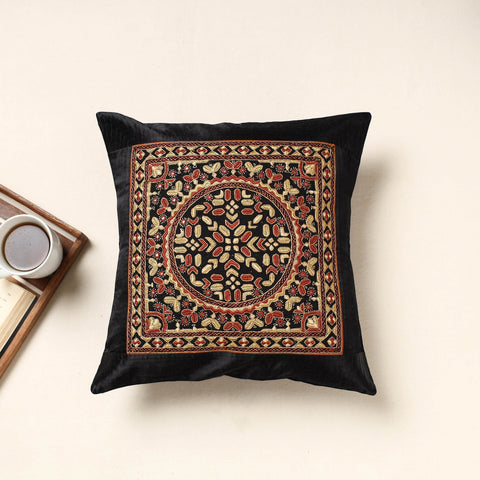 Black Kutch Pakko Hand Embroidery Mashru Silk Cushion Cover