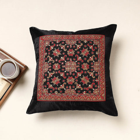 Black Kutch Pakko Hand Embroidery Mashru Silk Cushion Cover