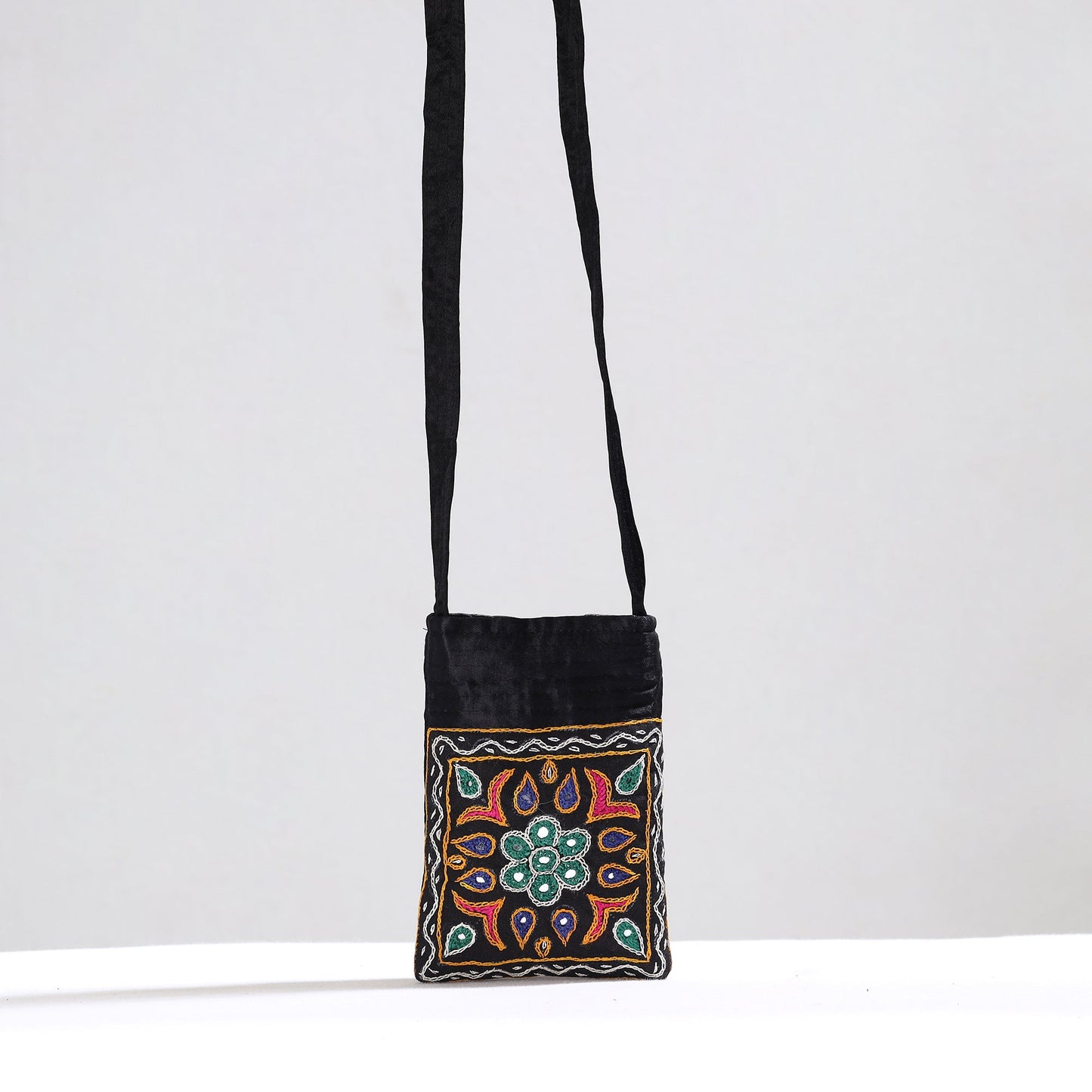 Black Kutch Pakko Hand Embroidery Mashru Silk Sling Bag