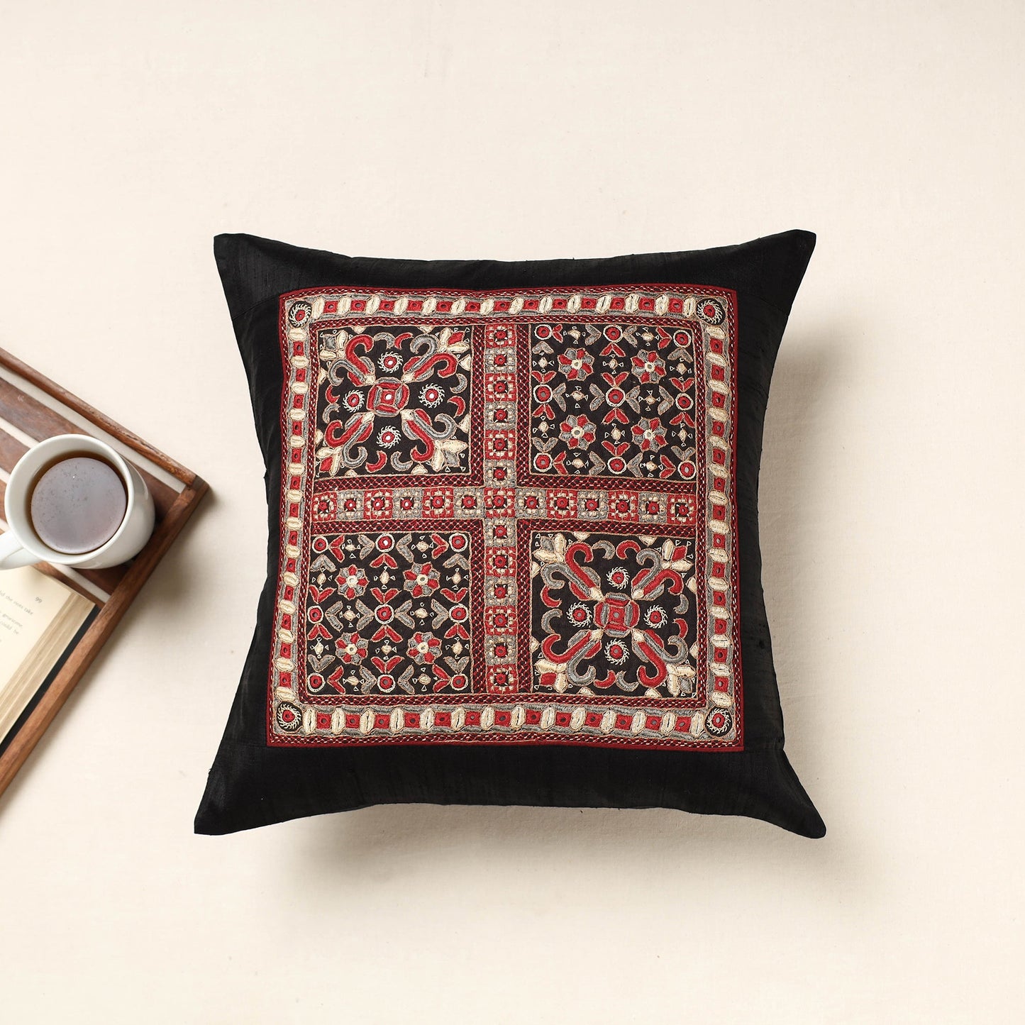 Black Kutch Pakko Hand Embroidery Silk Cushion Cover
