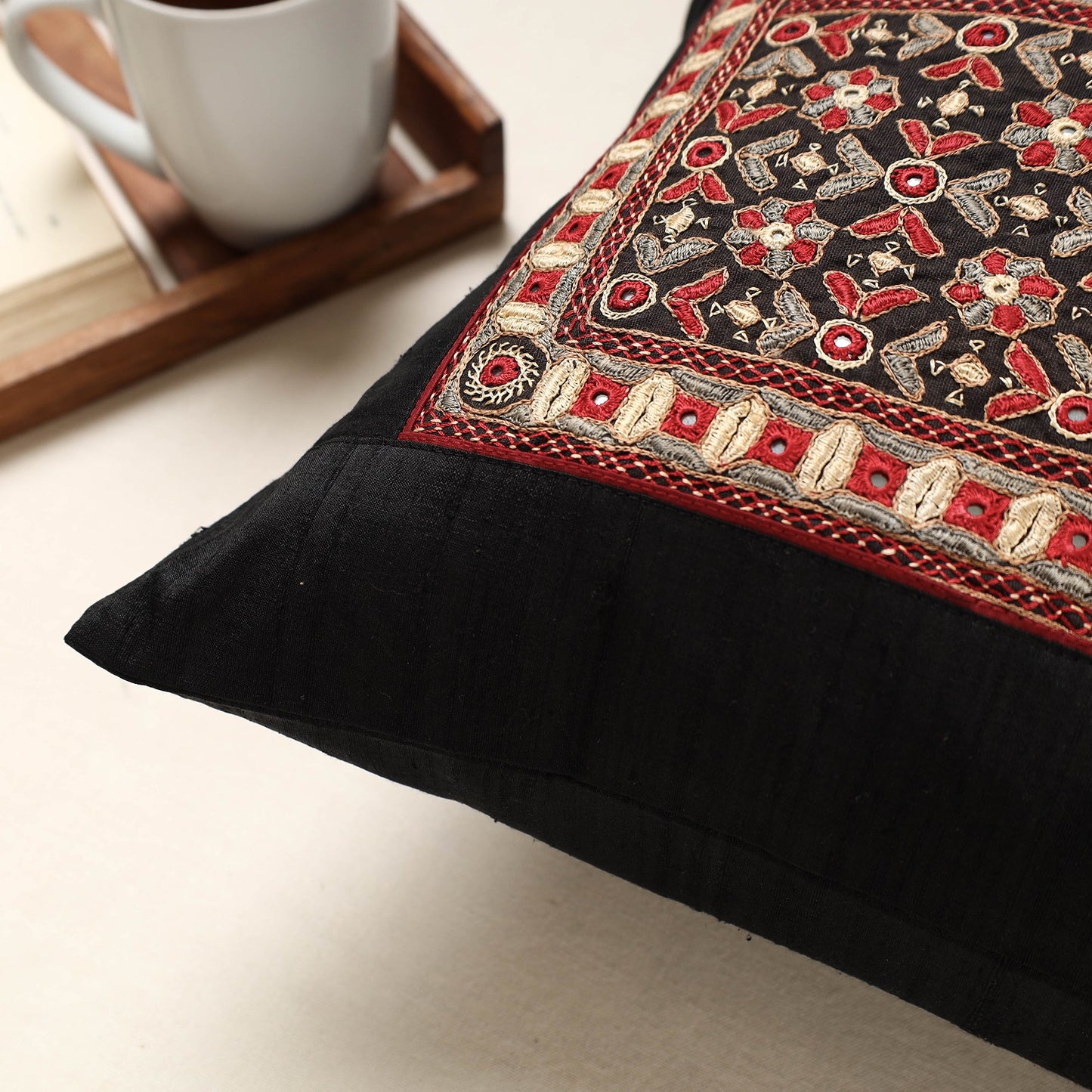 Black Kutch Pakko Hand Embroidery Silk Cushion Cover