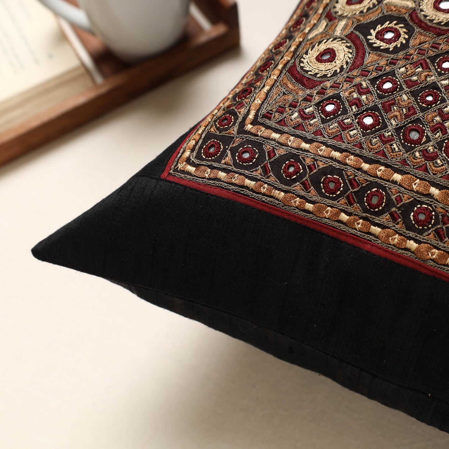 Buy Black Kutch Pakko Hand Embroidery Silk Cushion Cover