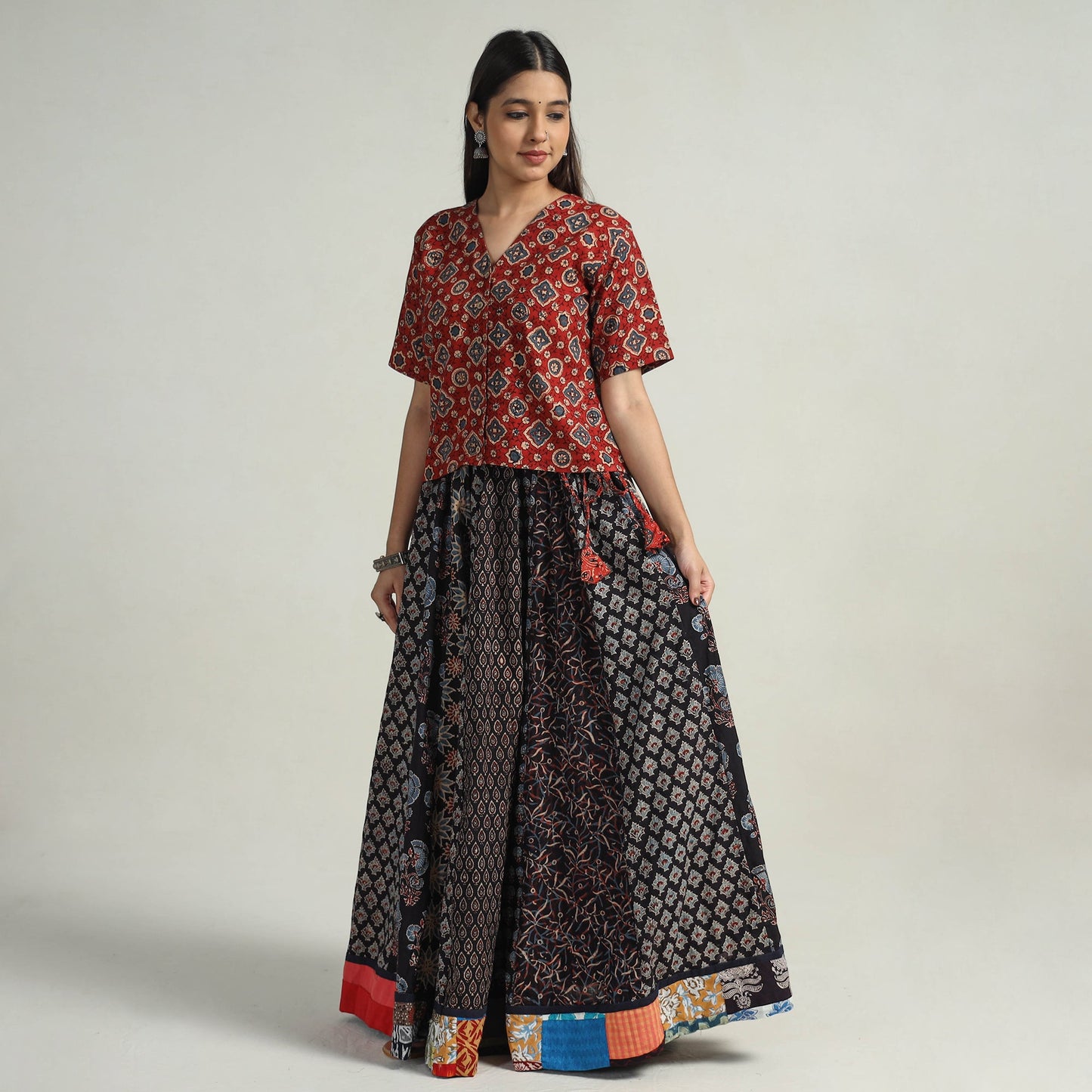 Black - kutch printed 24 kali cotton long skirt 02