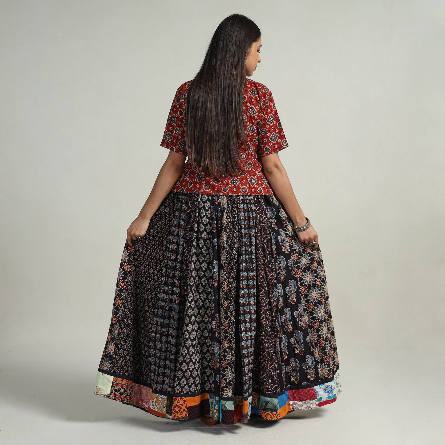 Black - kutch printed 24 kali cotton long skirt 02