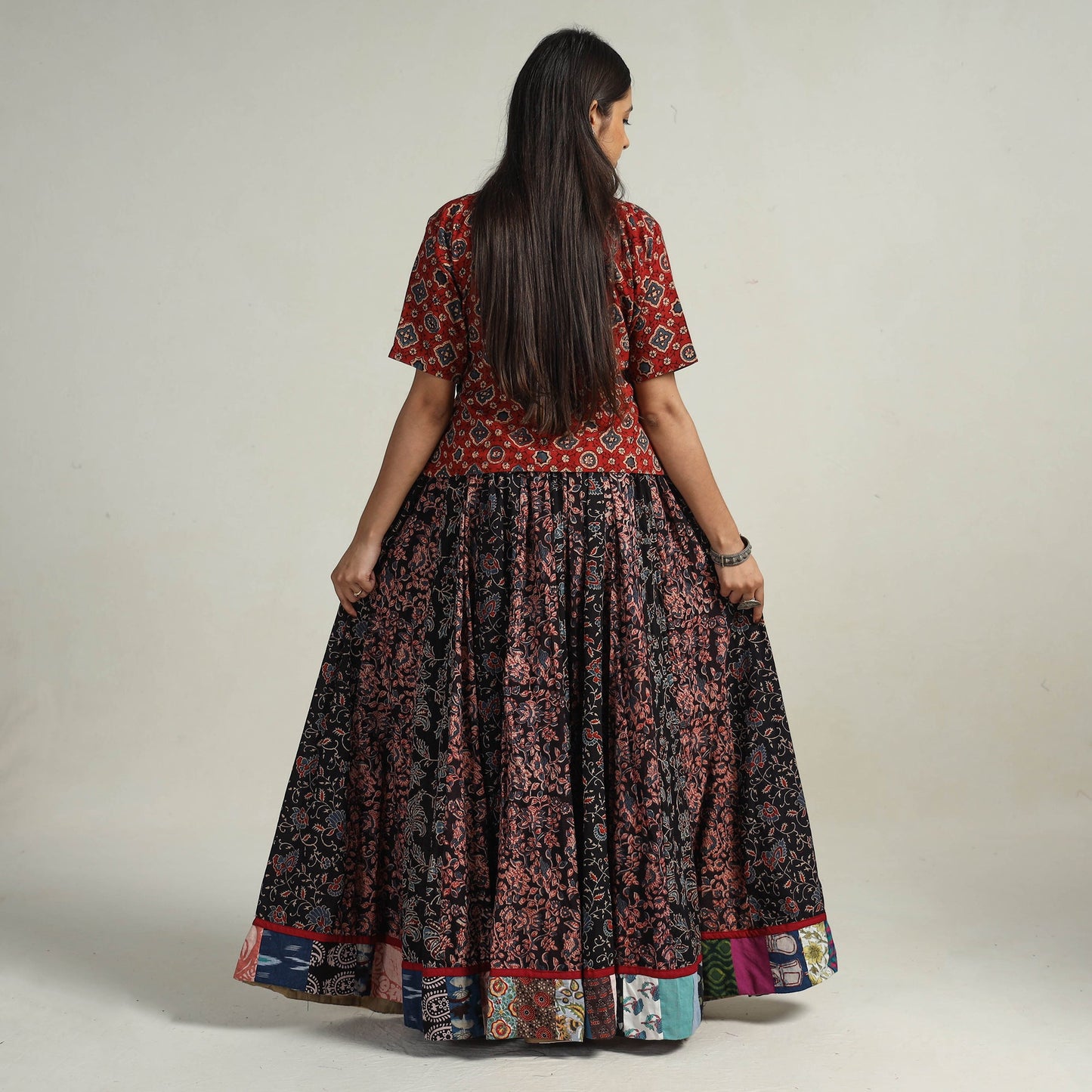 Black - kutch printed 24 kali cotton long skirt