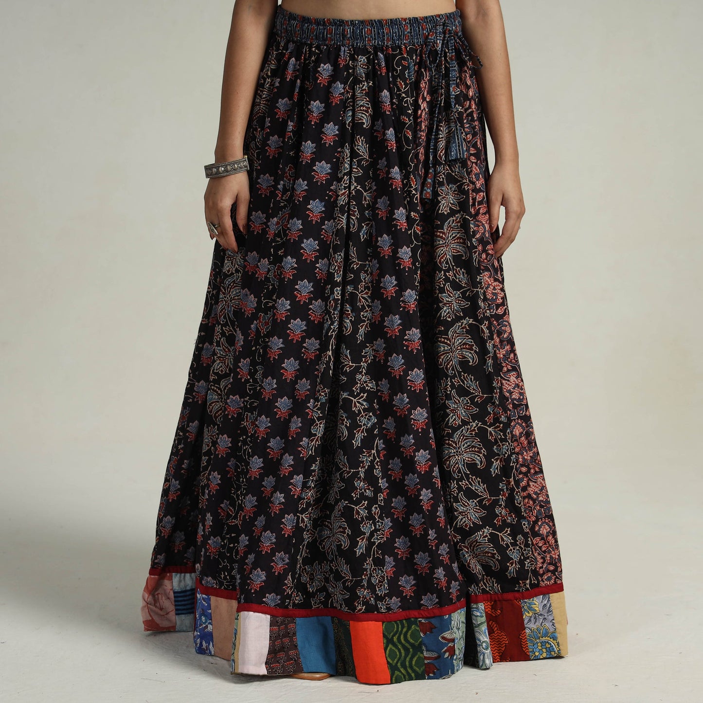 Black - kutch printed 24 kali cotton long skirt
