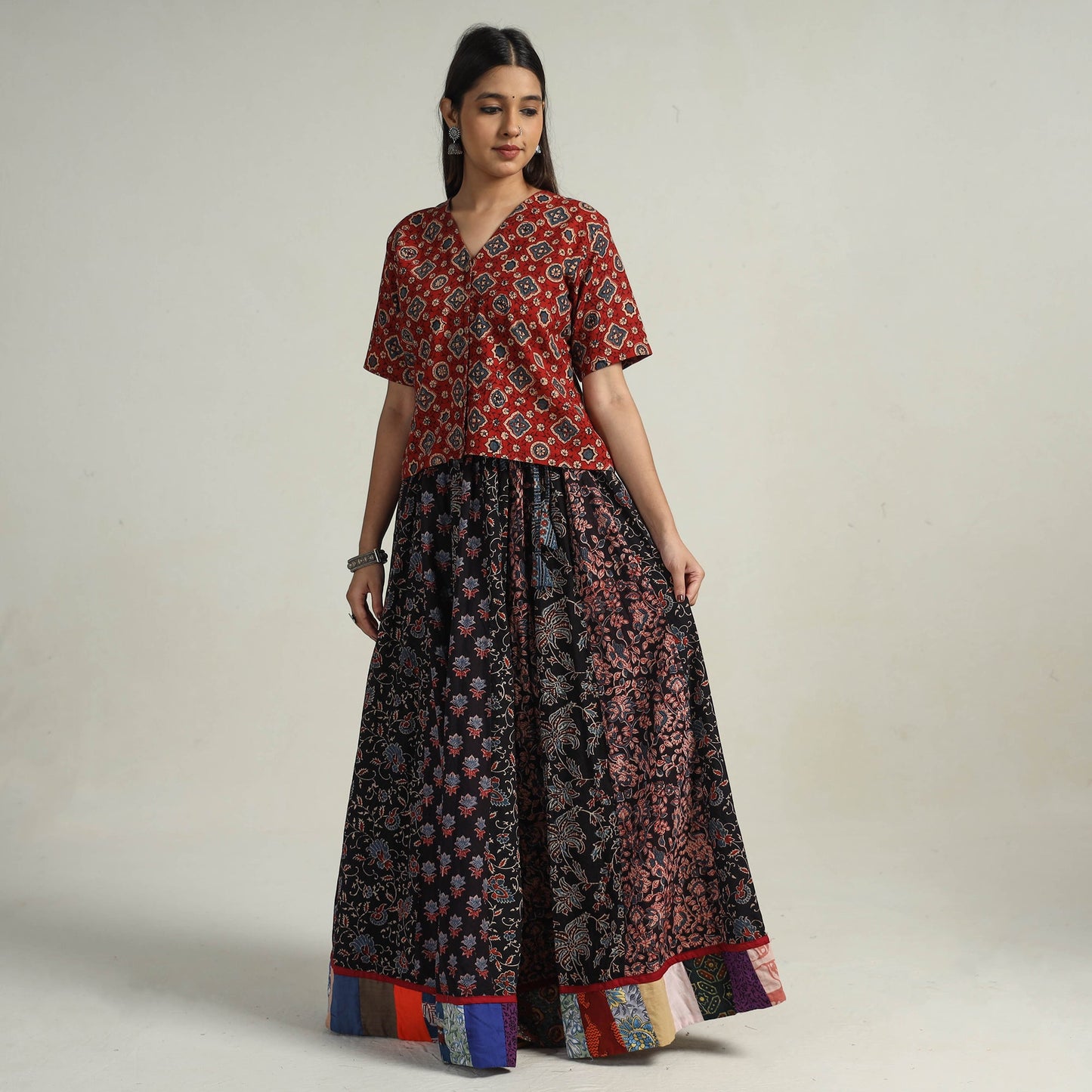 Black - kutch printed 24 kali cotton long skirt