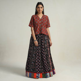 Black - kutch printed 24 kali cotton long skirt