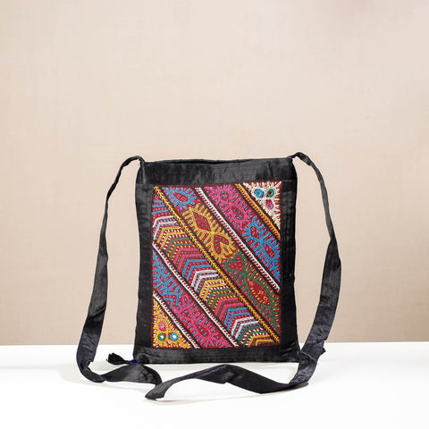 Black - kutch rabari hand embroidery mashru silk sling bag