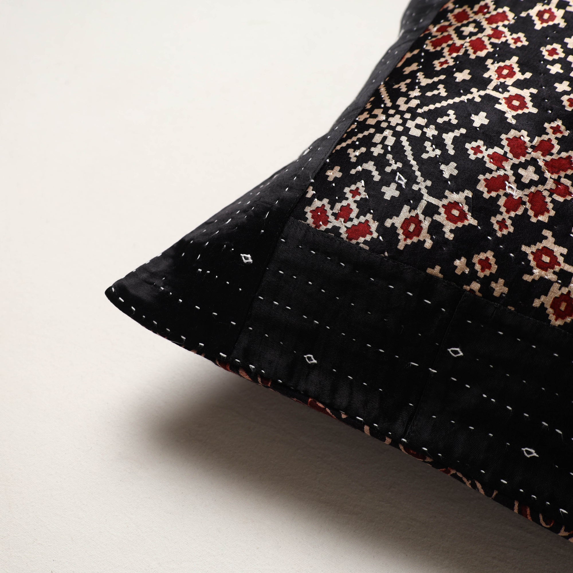 Black - kutch tagai work mashru silk patchwork cushion