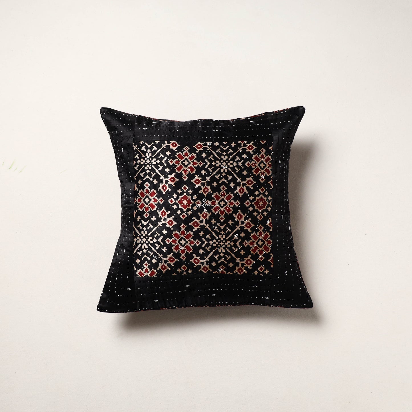 Black - kutch tagai work mashru silk patchwork cushion
