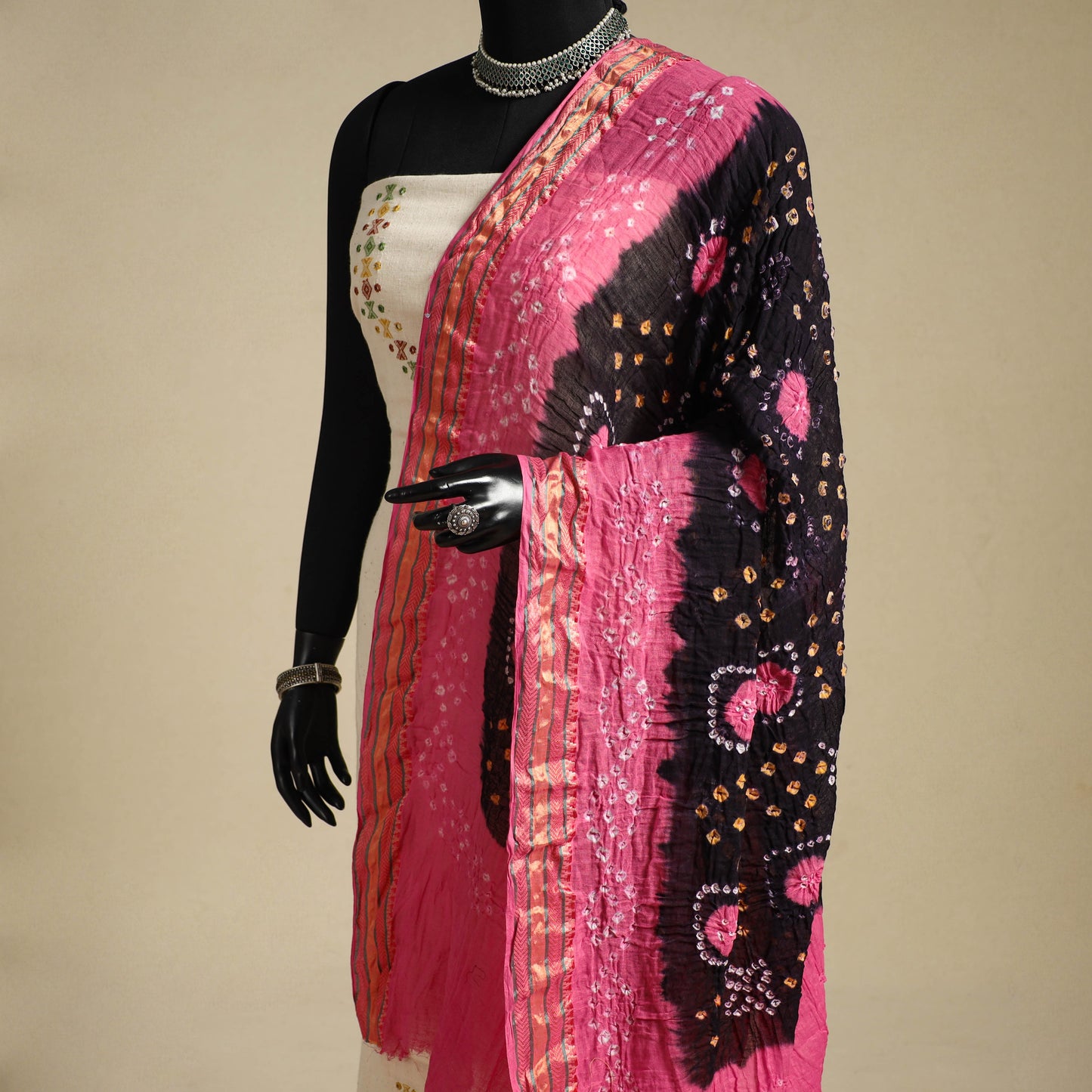 Black - kutch tie-dye mul cotton bandhani dupatta