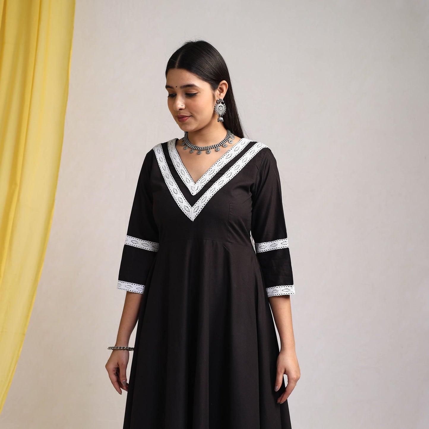 Lace Work Black Plain Cotton Anarkali Kurta with Dupatta Set