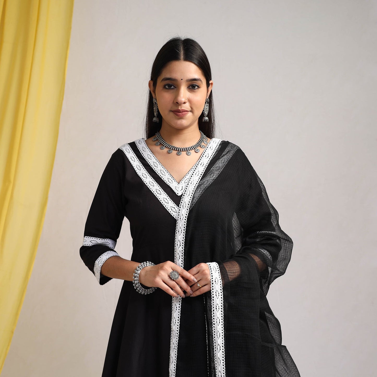 Lace Work Black Plain Cotton Anarkali Kurta with Dupatta Set