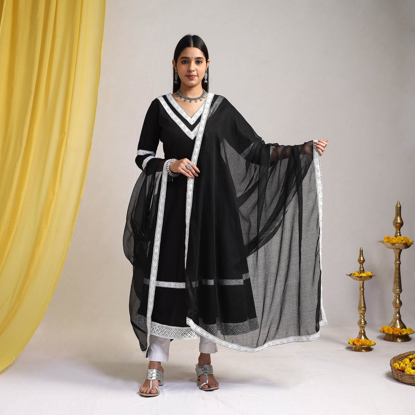 Lace Work Black Plain Cotton Anarkali Kurta with Dupatta Set