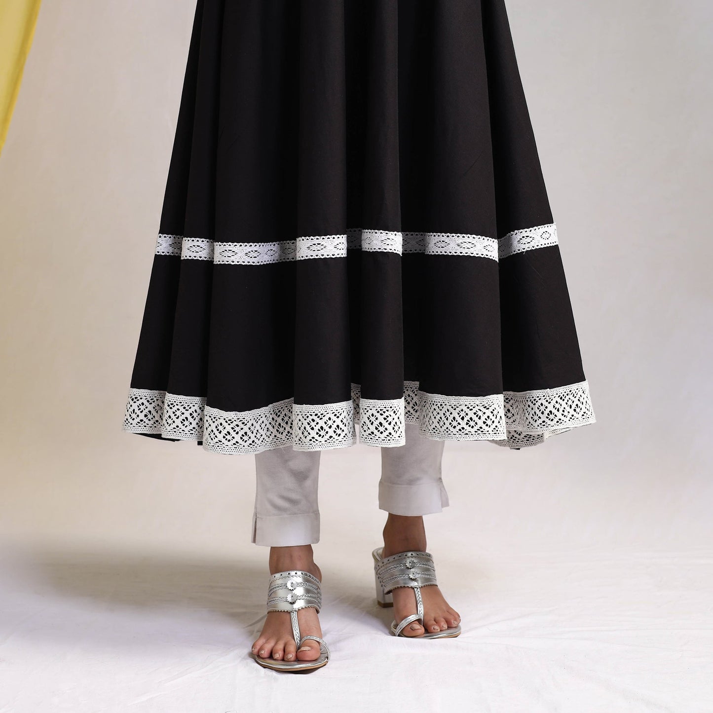 Lace Work Black Plain Cotton Anarkali Kurta with Dupatta Set