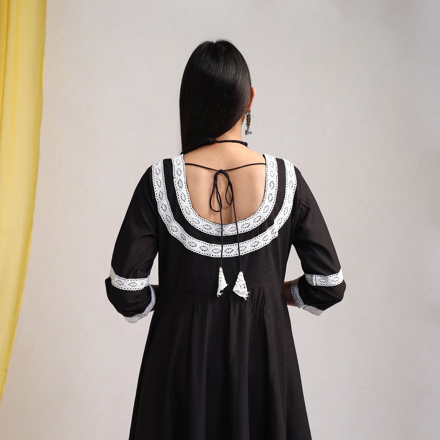 Lace Work Black Plain Cotton Anarkali Kurta with Dupatta Set