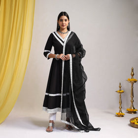 Lace Work Black Plain Cotton Anarkali Kurta with Dupatta Set