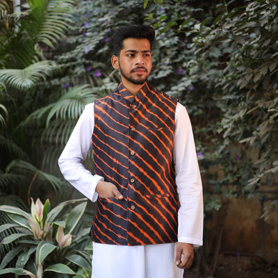 Black Leheriya Tie & Dye Chanderi Silk Handloom Nehru Jacket