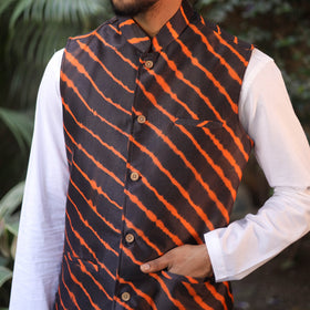 Black Leheriya Tie & Dye Chanderi Silk Handloom Nehru Jacket