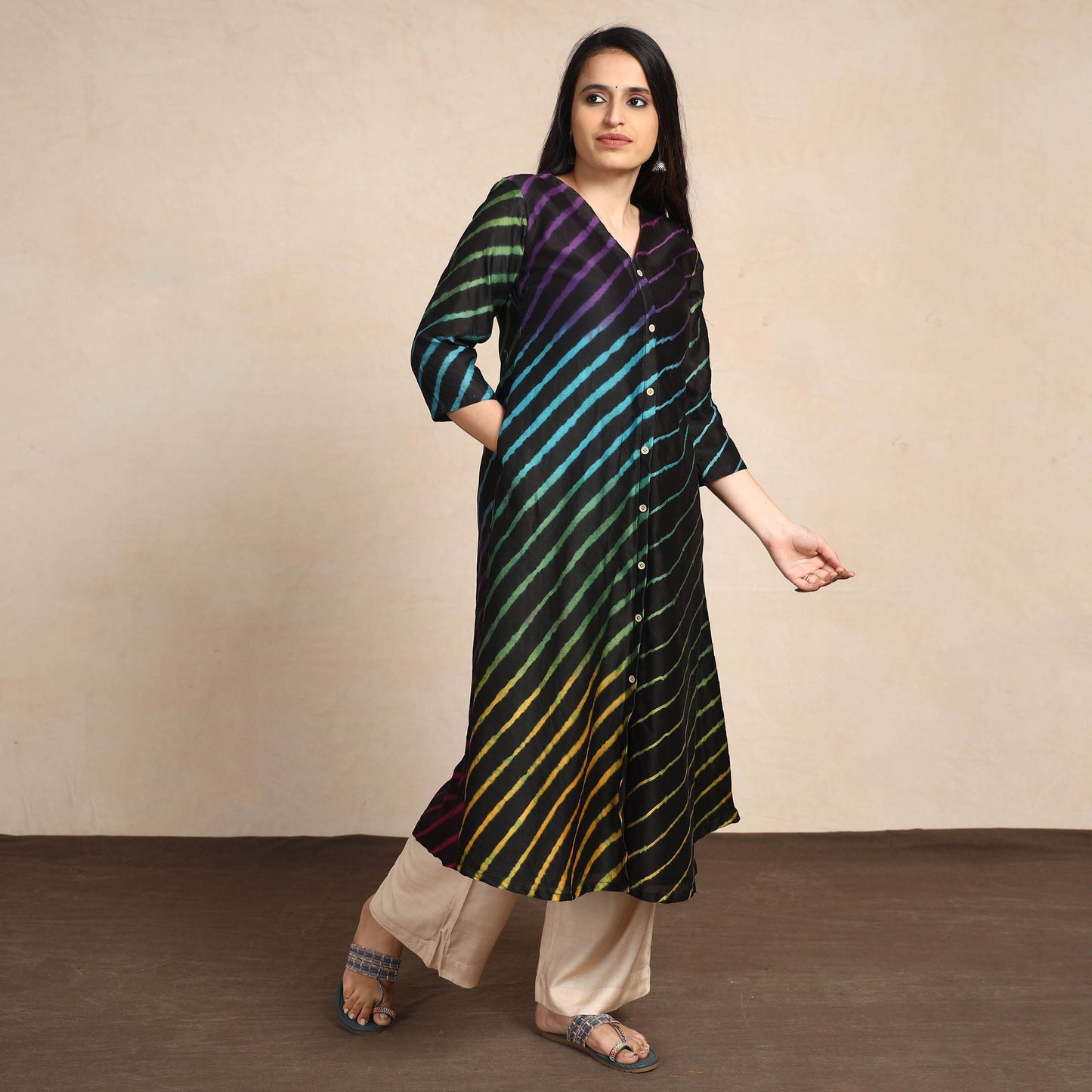  Leheriya Tie-Dye Chanderi Silk Long Kurta for Women