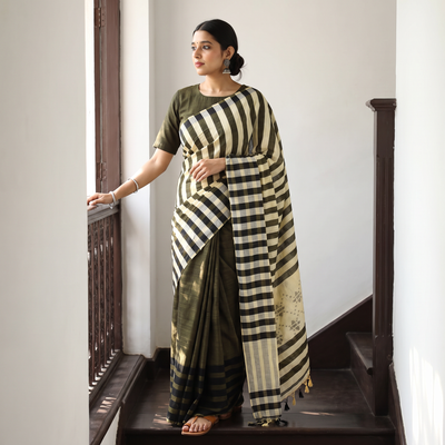Brown Black & Light Yellow Mulberry Silk Saree with Plain Olive Green Body, draped and worn by a woman, AI visual of the saree, iTokri