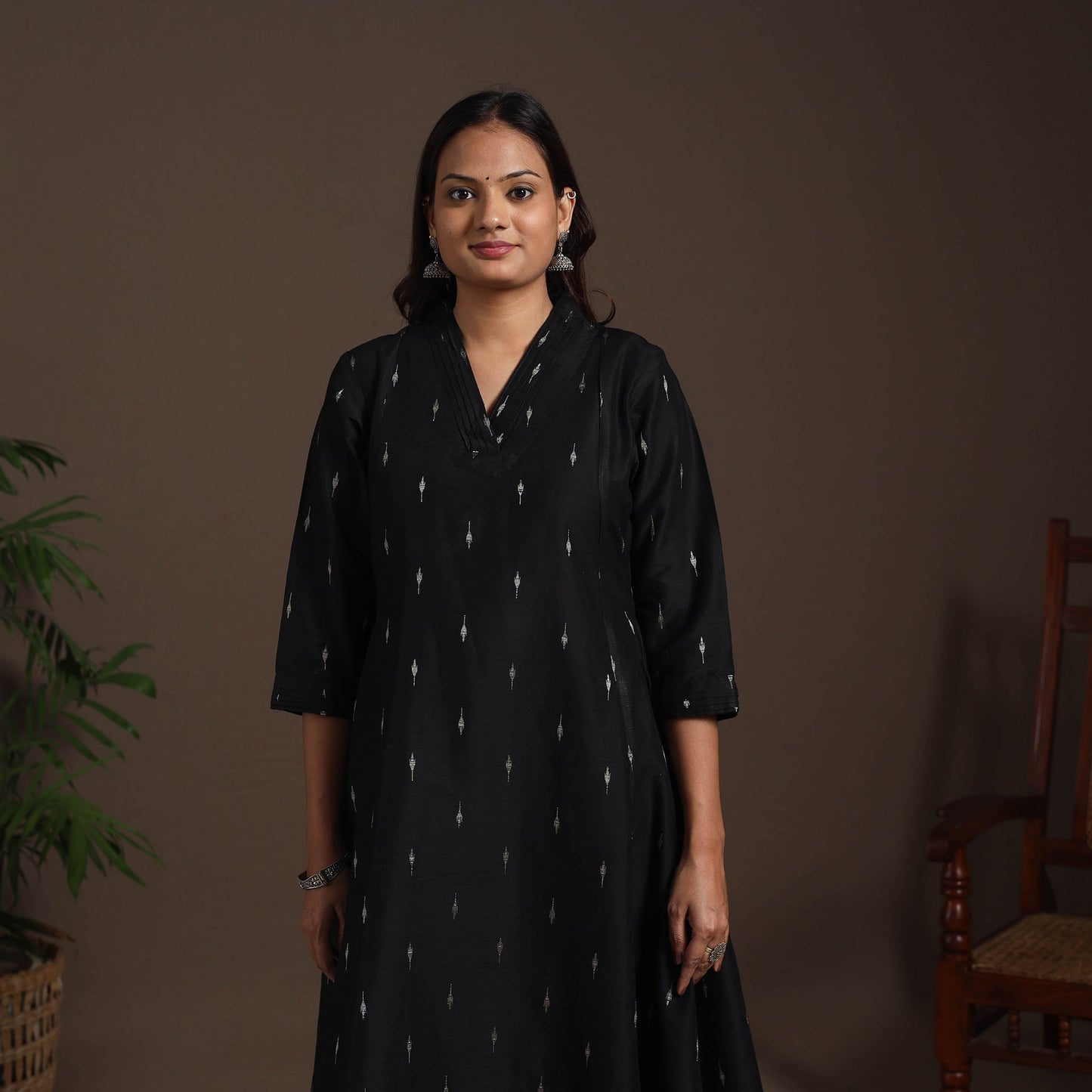 Black - a-line buti work spun dupion silk plain kurta set